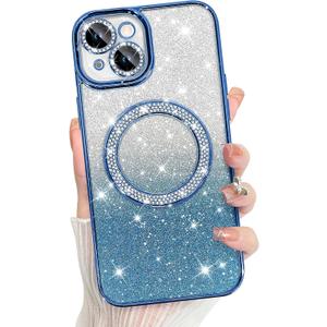 Bonoma Compatible with iPhone 15 Case Support for MagSafe, Plating Diamond Glitter Magnetic 2* Screen Protector Camera Protection Back Cover for Girls Women -Blue