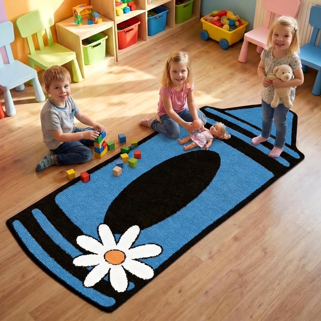 Teenyyou 2'11''*6'11' Blue Crayon Rug for Classroom Blue Crayon Rug with Daisy Large Educational Area Carpet Floor Mat for Classroom Non Slip School Floor Cushions for Teaching School Learning Areas