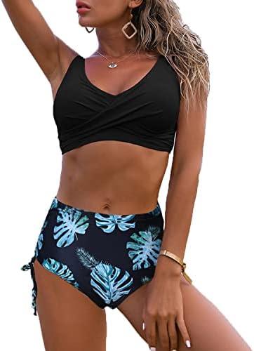 Fanuerg Women's Twist Front High Waisted Bikini Swimsuit Drawstring Tie Side Bottom Two Piece Bathing Suit L