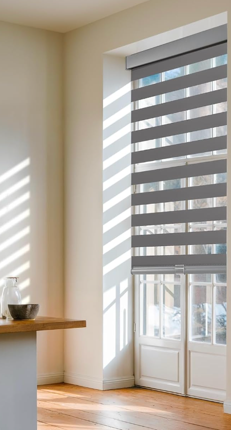 AOSKY Cordless Zebra Blinds for Windows Pull Down Roller Window Shades Dual Layer Light Filtering Privacy for Day and Night, Free-Stop Door Shades for Home Easy to Install (46" W X 72" H, Grey)
