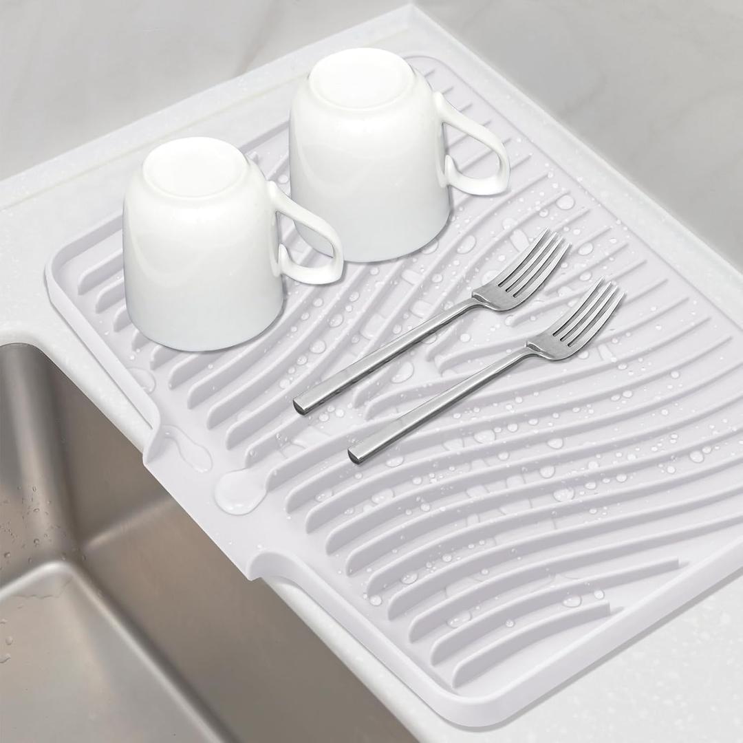TIKNIK Silicone Dish Drying Mat, Stone Drying Mat for Kitchen Counter with Built-In Drain, Non-Slip Drain Pad with Built-in Drain, Heat Resistant Stone Drying Mat, Hangable, White-1pcs, 20" x 15"