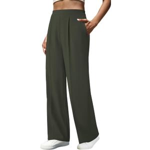 JEKAOYI Women's Business Dress Pants High Waist Stretchy Work Trousers Wide Leg Elastic Casual Slacks Side Pockets (Green, XXL)