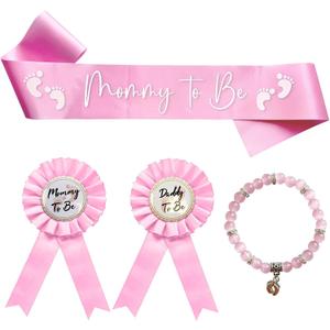 Mommy to Be Sash and Pin Set - Pink Baby Shower Decorations for Girl with Bracelet Keepsake - 4Pcs Gender Reveal Party Supplies for Mom Dad