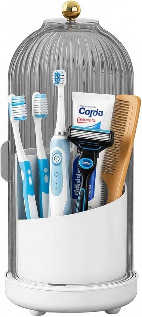 JEESA Toothbrush Holder Organizer, with Drainage Holes, with Dustproof Cover, 360 Rotating, 3 Slots, for Bathroom Countertop, Grey
