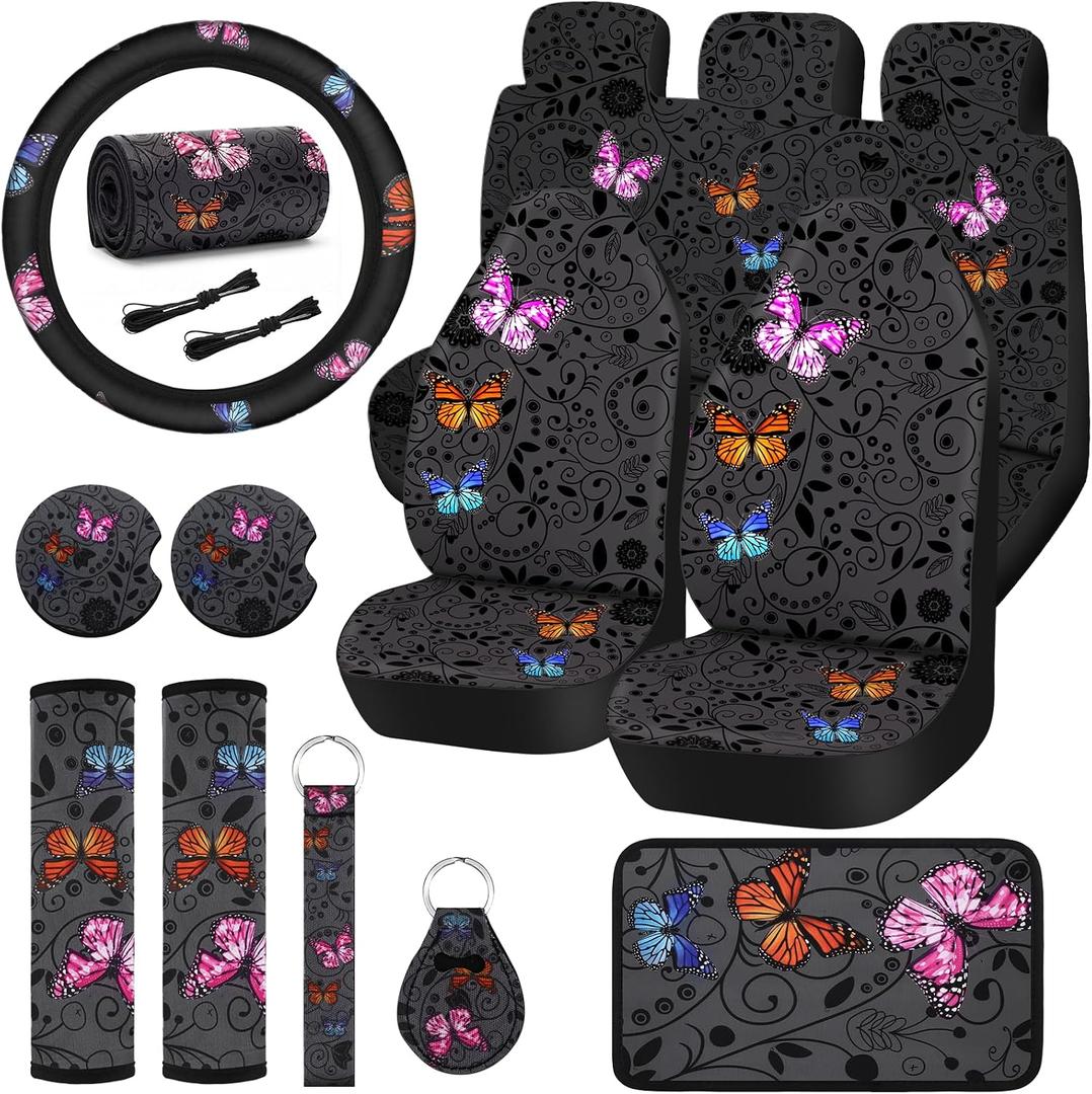 15 Pcs Butterfly Car Seat Covers Full Set for Car Front Rear Seat Covers Steering Wheel Cover Wrist Strap Coasters Armrest and Shoulder Pads (Classic Butterfly Style)