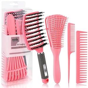 4pcs Curly Hair Brush Set for Adult & Kids Wet or Dry, Detangling Brush for 3/4ABC Hair with Wide Tooth Comb (4, Black)