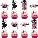 24PCS 2026 Graduation Cupcake Toppers, Congrats 2026/Class of 2026, Congratulations Grad, Senior High School College Girls Graduation Party Decorations Black & Pink Glitter