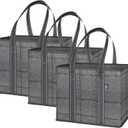VENO 3 Pack Reusable Grocery Bags, Shopping Bags for groceries, Utility Tote with Handles and Hard Bottom, Foldable Shopping Cart Organizer, Water Resistant, Heavy-Duty (Windowpane, 6 Gallon)