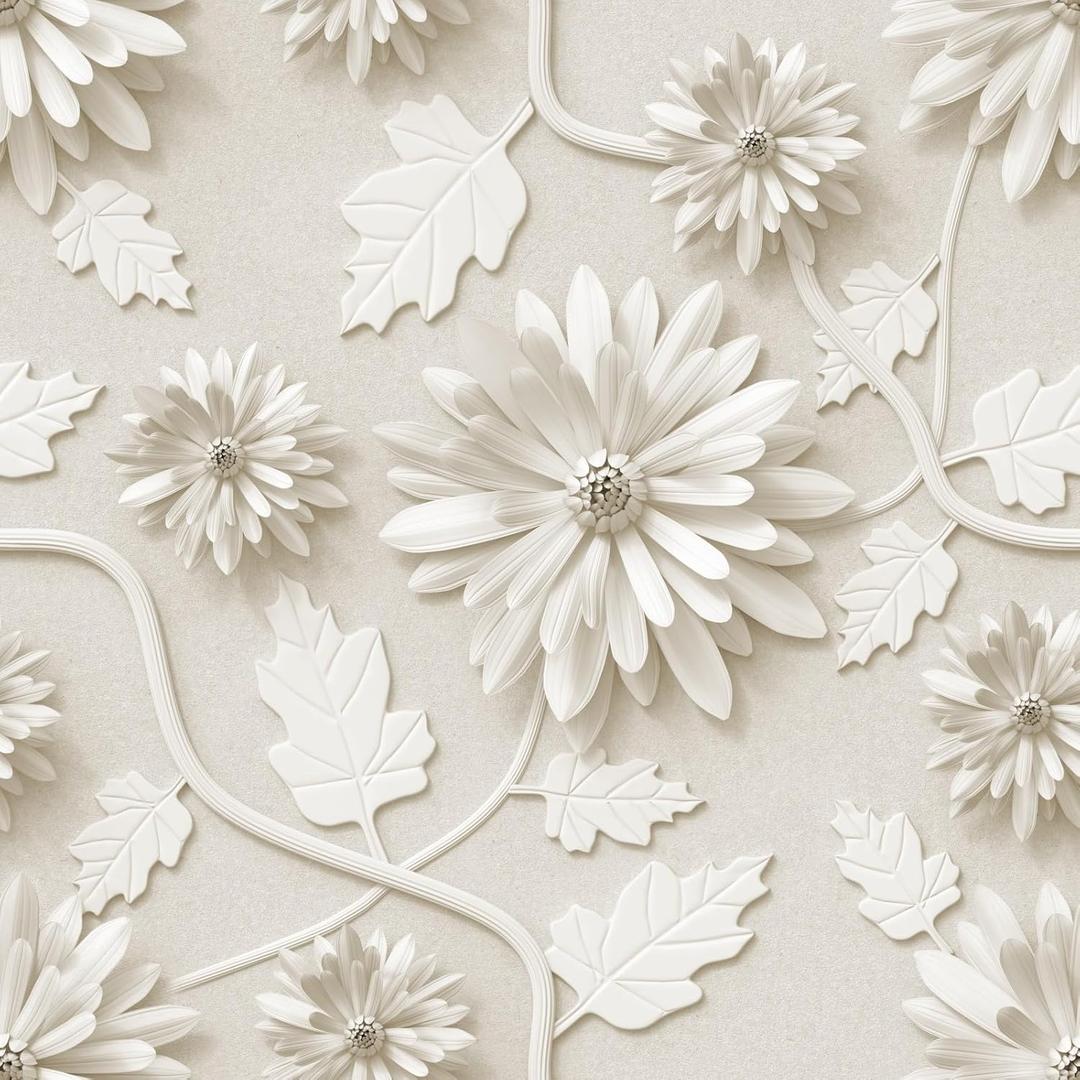 3D Floral Peel and Stick Wallpaper Daisy and Leaves Self Adhesive Removable Texture Wallpaper for Bedroom Renter Friendly Contact Paper for Bedroom Bathroom Shelf Liner 17.71"x236.2" (Beige)