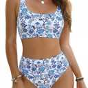 ZAFUL Women's High Waisted Swimsuit Scoop Neck Textured Floral Bikini Set 2 Piece Bathing Suit (Brown)