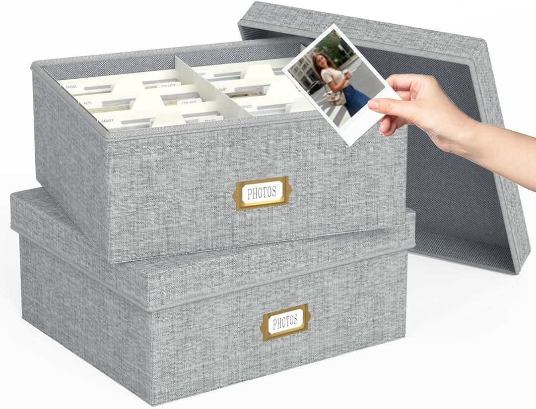 Decorative Photo Storage Box - 2 Pack Linen Photo Box Organizer with Dividers, Fits Holds Up to 1700 Pictures and 4x6 Photos, Memory Keepsake Organizer for Scrapbook Supplies, Cards, Stamps (Grey)