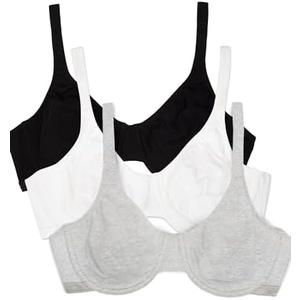 Fruit of the Loom Women's Multi-Pack Unlined Underwire Cotton Bra Size 34D, Black/White/Gray 