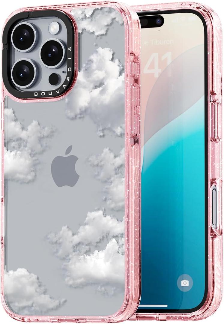 Bouvardia for iPhone 16 Pro Case, Girly Shockproof Protective Phone Case & White Clouds Design, Aesthetic Cute Pink Glitter Cover from Talented Designer for Women and Girl