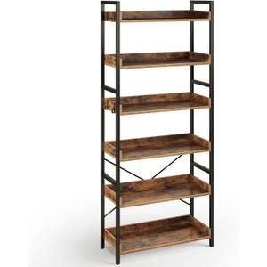 Rolanstar Bookshelf 6 Tier with 4 Hooks, Industrial Wood Bookcase, Vintage Storage Rack with Open Shelves, Rustic Standing Bookshelves Metal Frame Display Rack for Living Room, Bedroom, Rustic Brown