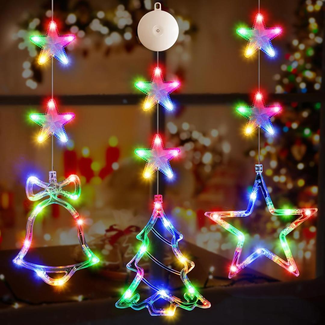 3Pcs Christmas Window Lights Decorations with Timer, Battery Powered Christmas Window Hanging Multicolor String Lighted Tree Bell Star Shaped LED Sucker for Xmas Window Fireplace Indoor Decor