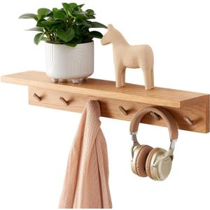 Coat Rack Shelf Wall Mounted Oak Wood Entryway Shelf with 6 Hooks Wall Coat Hook Rack with Floating Shelf for Bedroom, Living Room, Kitchen (Natural, 27.5 inch)