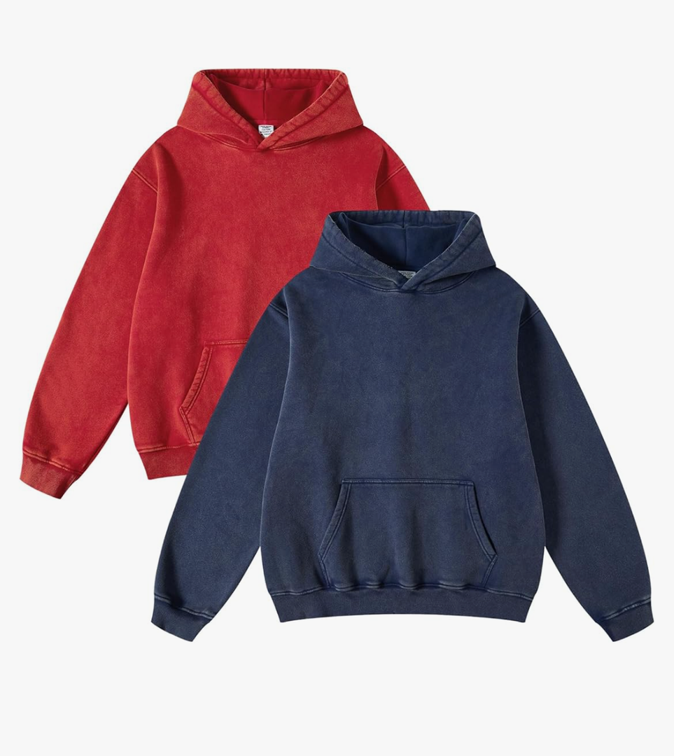 FAIABLE 3 Pack Acid Wash Hoodie Oversized Vintage Hoodie Unisex Heavyweight Hoodie Distress Hoodies for Men Women Couples 2 Blue Hoodies L and S, 1 Red L