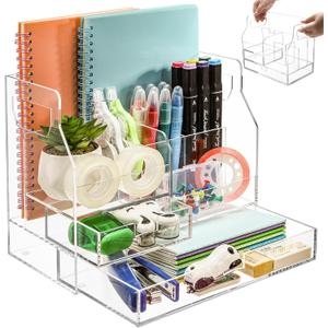Cididu Acrylic Desk Organizer with 2 Drawers, Clear Office Drawer Organizer with Handle, Pencil Pen Holder Storage Desktop Accessories 7 Compartments for Home Makeup Magazine File Art Supply
