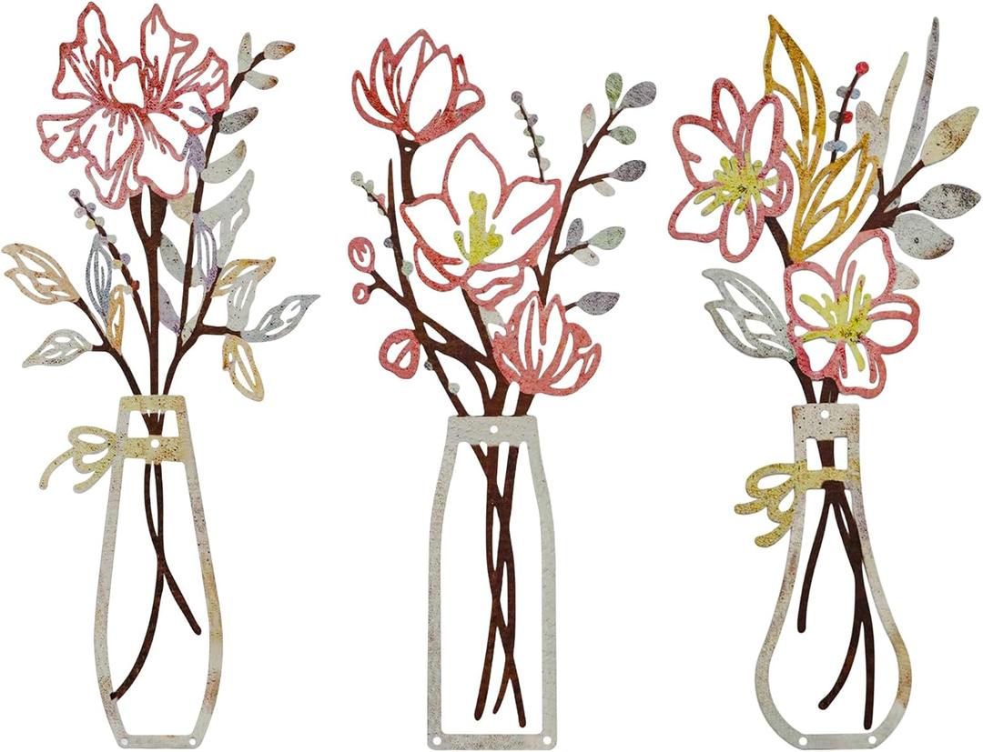 MIRATE Metal Flower Wall Art - 3Pcs Minimalist Metal Flowers Wall Decor, Rural Home Decor for Living Area, Bathroom, Master Bedroom, and Dining Room - Minimalist Home Wall Decor Gift(Beige Pink)