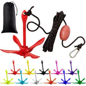 1 Pack Marine Kayak Anchor Kit Folding Grapnel Boat Anchor Kit Kayak Fishing Accessories for Small Boats Canoe Paddle Boards (3.3 lb, Red)