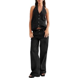 Fisoew Women's Two Piece Denim Set Button Down Backless Tank Top and Wide Leg Jeans 2 Piece Outfit Suits (Black)
