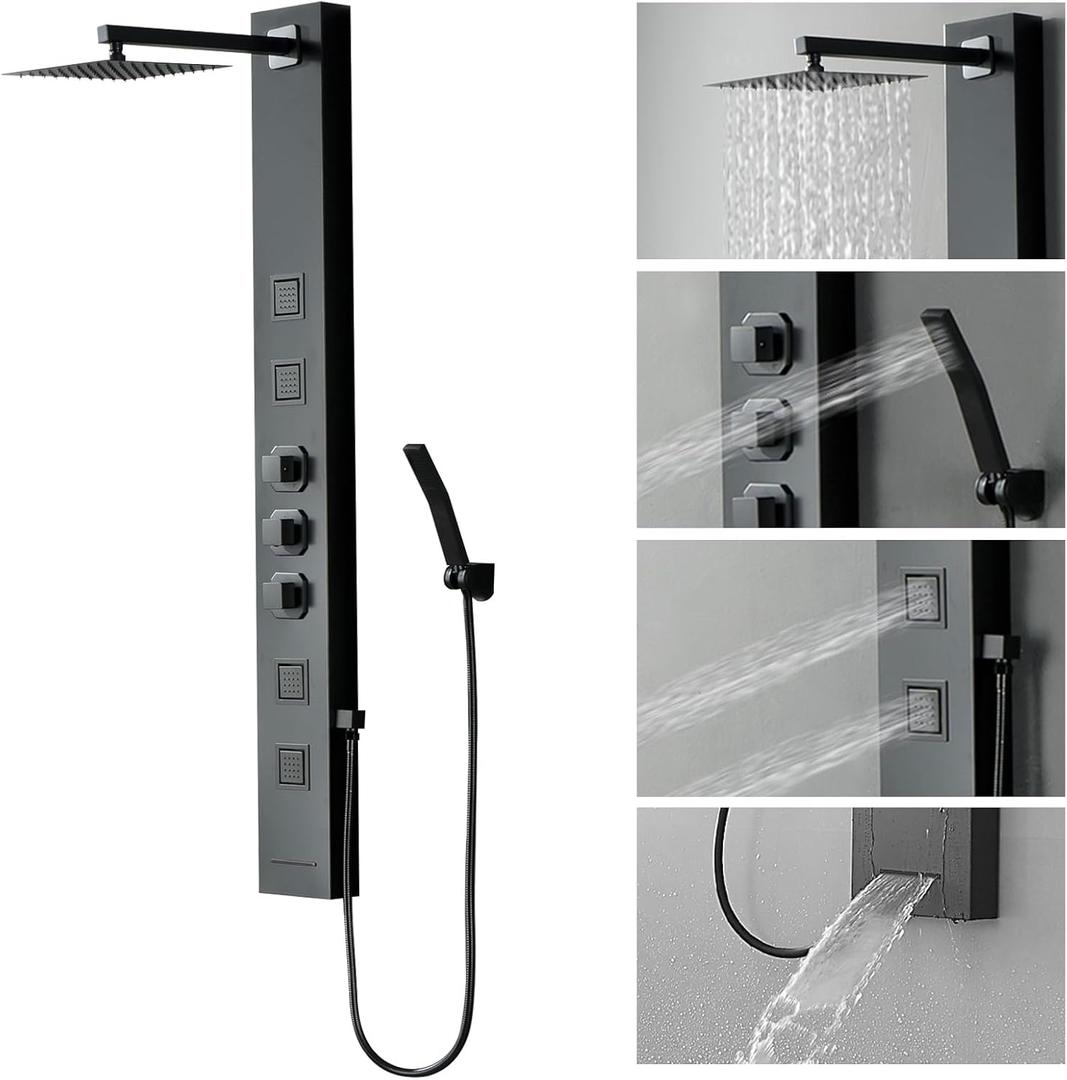 Homevacious Shower Panel Tower System,Stainless Steel Bathroom Stand Up Shower Kit,Wall-Mount Shower Panels with Rainfall Shower Head,4 Massage Body Jets,Tub Spout and Handheld Shower,Matte Black