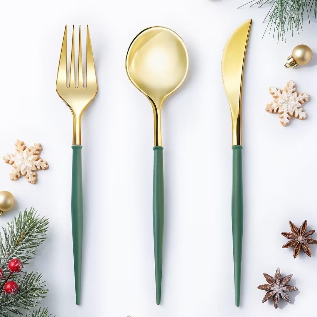 Lullaby 150PCS Gold Plastic Silverware - Disposable Flatware with Green Handles, Includes 50 Knives, 50 Forks, 50 Spoons, Perfect for Birthdays, Weddings, Picnics