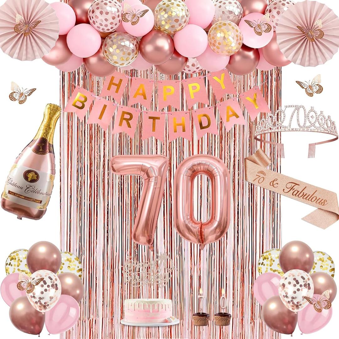 70th Birthday Decorations for Women, Rose Gold 70th Birthday Decorations, 70 Sash and Crown, Banner, Fringe Curtains, Hanging Paper Fans, 70 Year Old Party Supplies Set