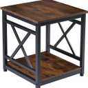 Industrial End Table Side Table with 2-Tier Storage Shelf, 18'' Square Nightstand Bedside Table X-Design Metal Frame for Living Room Bedroom, Rustic Brown