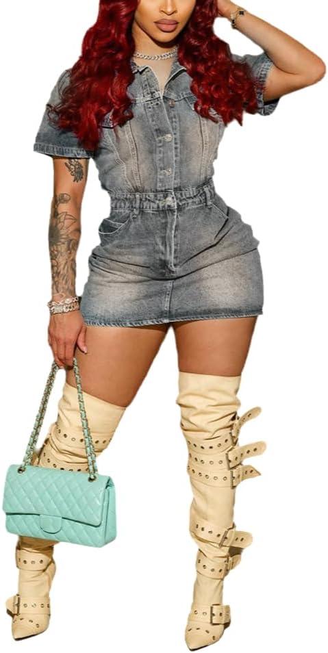 Ryehack Women's Summer Casual Denim Dress Bodycon Short Sleeve Bodycon 1/2 Button Sexy Mini Casual Jean Dress (Medium, Blue)