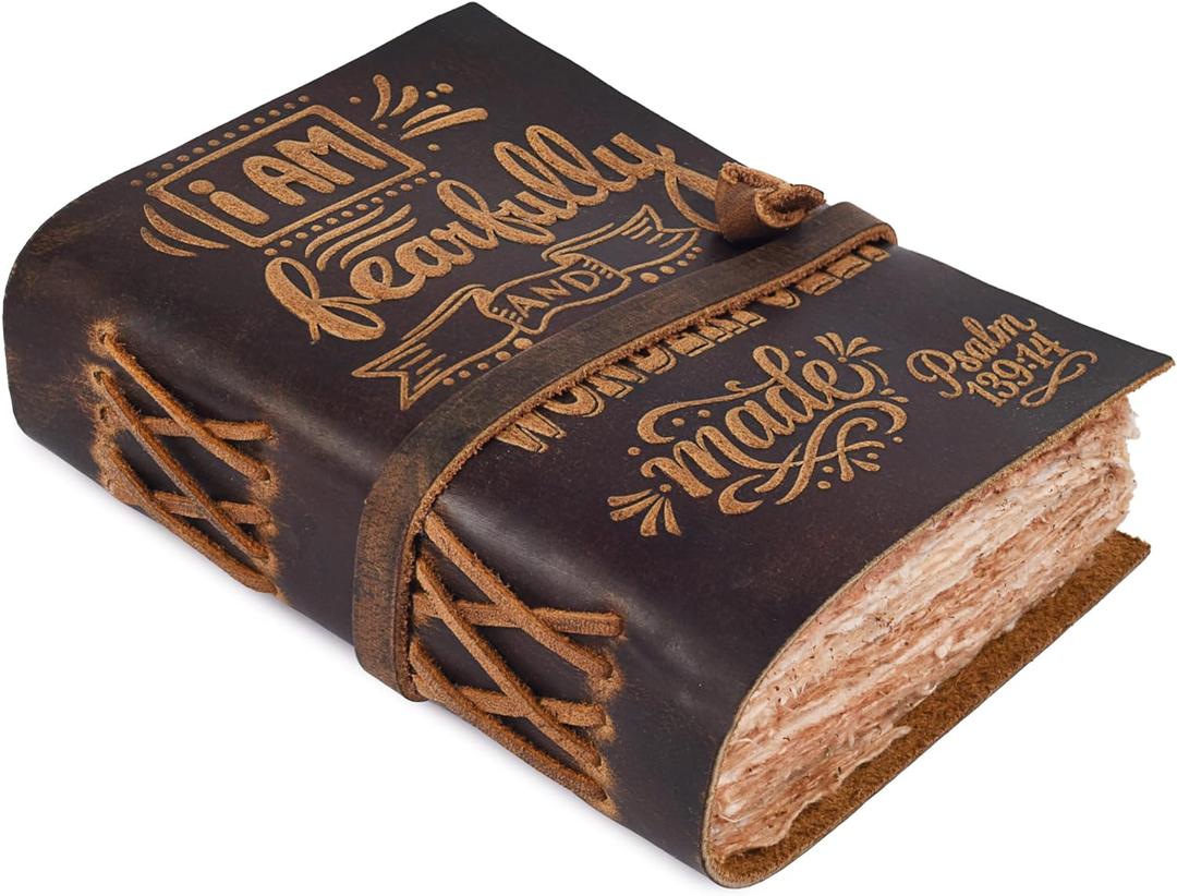 LEATHER VILLAGE Leather Bound Vintage Journal for Men & Women Handmade Bible Verse Christian Embossed Journal, 200 Pages Deckle Edge Watercolor Paper for Writing, Praying & Gifting, 7" x 5", Brown