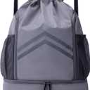 Drawstring Backpack - Water Resistant Gym Drawstring Bags with Shoes Compartment and Water Bottle Holder Pockets - String Cinch Bag - Draw String Back Pack with Zipper for Men and Women (Grey)