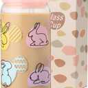 Easter Bunny Glass Cup with Lid and Straw, 16 oz Iced Coffee Glass Tumbler, Cute Bunny Cup for Cold Drinks, Easter Basket Stuffers, Easter Gifts for Women Girls Teens