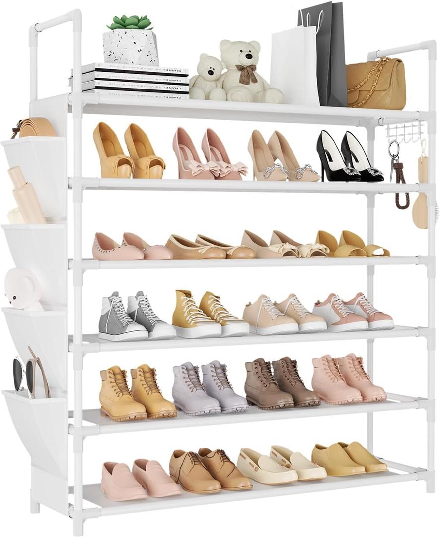 LANTEFUL 6 Tier Shoe Rack Storage for 24-30 Pairs Shoe and Boot, Shoe Organizer with Hook and Side Pocket Free Standing Long Shoe Shelf Tall Shoe Rack Organizer for Closet, Entryway, Dorm, White