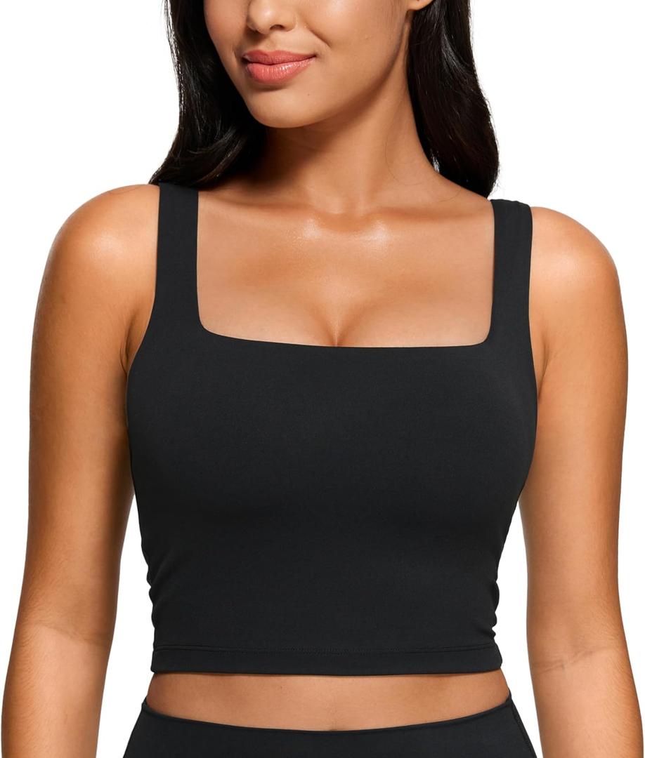 CRZ YOGA Butterluxe Square Neck Crop Tank Tops for Women - Workout Longline Sports Bras Padded Yoga Camisole (Small, Black)