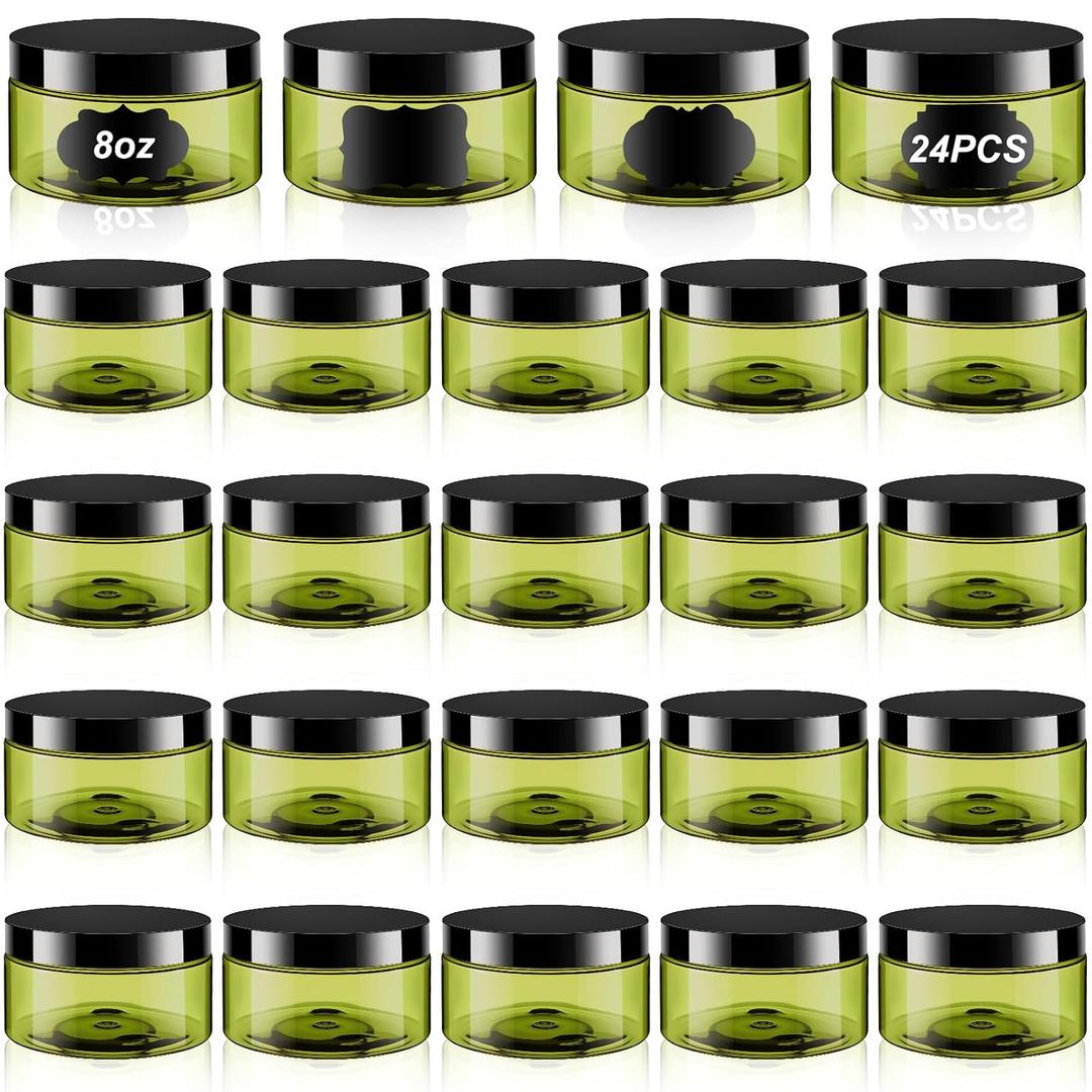 Dandat 24 Pcs 8 oz Plastic Jar Container with Lid and Label Refillable Empty Round Green PET Cosmetic Sample Slime Containers for Lotion, Cream, Ointments, Body Butter, Makeup, Travel Storage