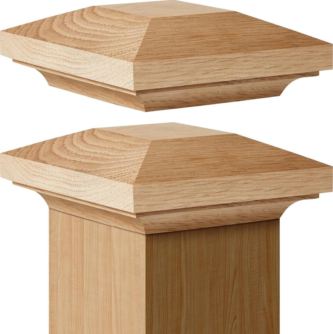 Sasylvia 2 Pcs Wood Newel Post Flat Peak Red Oak Newel Post Cap Mounting Kit for Indoor Stair Outdoor Fences Mailboxes Decks (3.5 x 3.5 Inch)