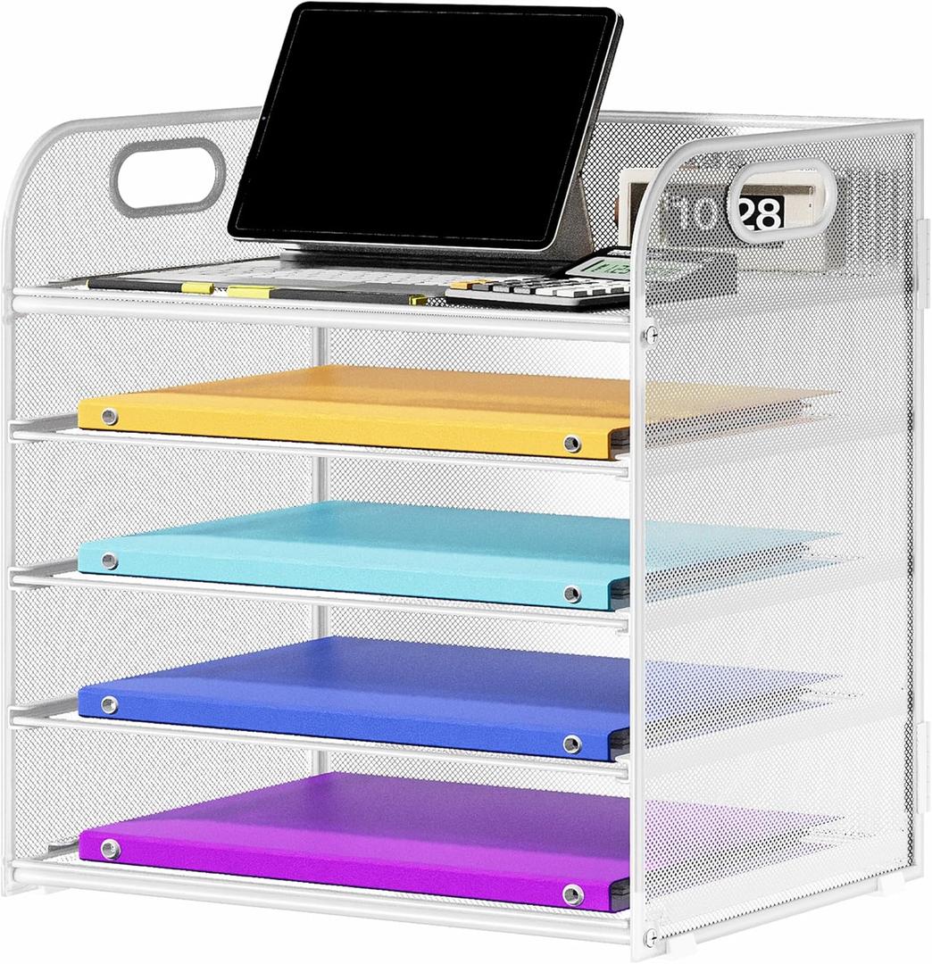 5 Tier Paper Organizer with Handle, Metal Mesh Desk Organizer File Folder Paper Letter Tray Desktop Document Sorter for Classroom, School, Office Accessories Organization and Storage - White (12.6" x 9.1" x 13.5")