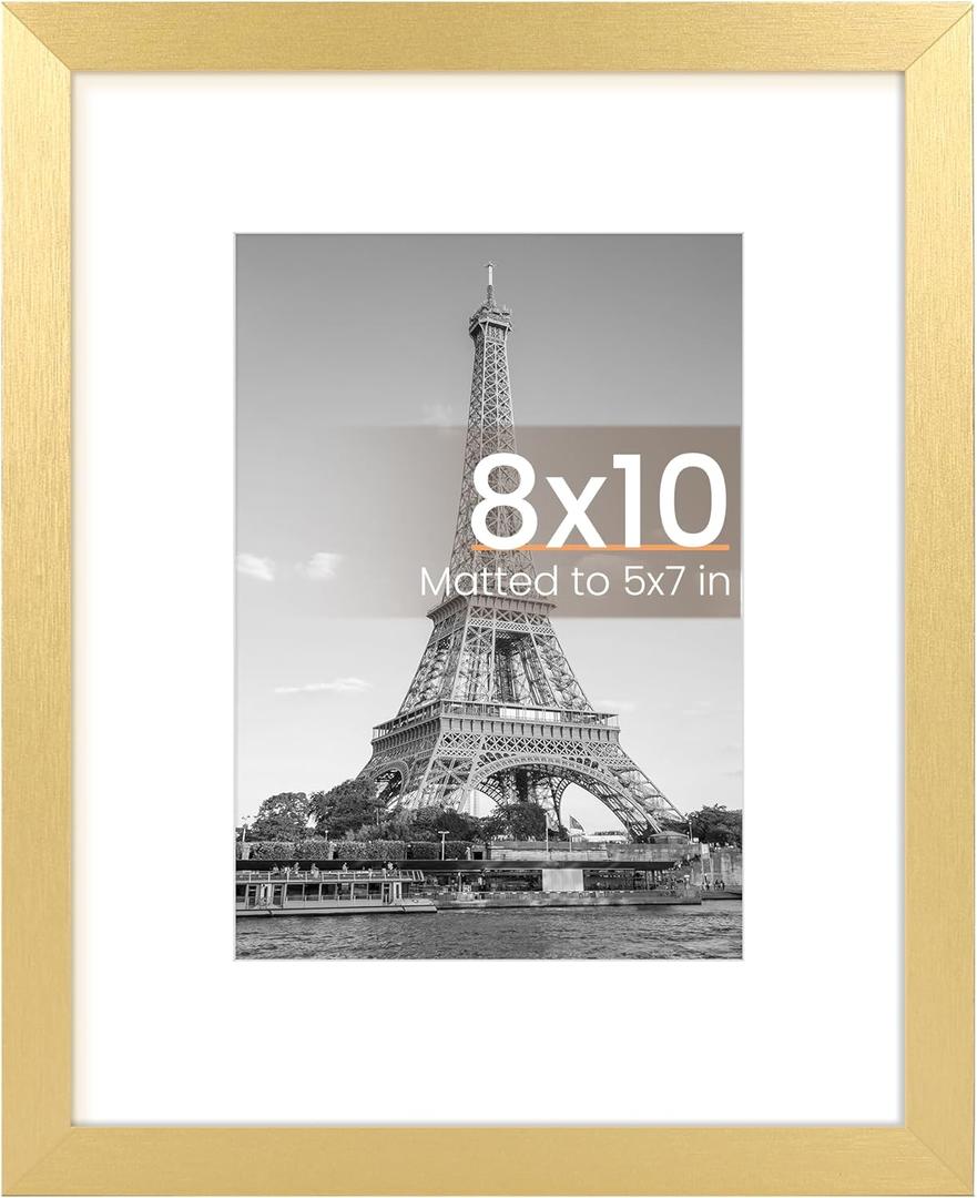 upsimples 8x10 Picture Frame, Display Pictures 5x7 with Mat or 8x10 Without Mat, Wall Hanging Photo Frame, Gold, 1 Pack