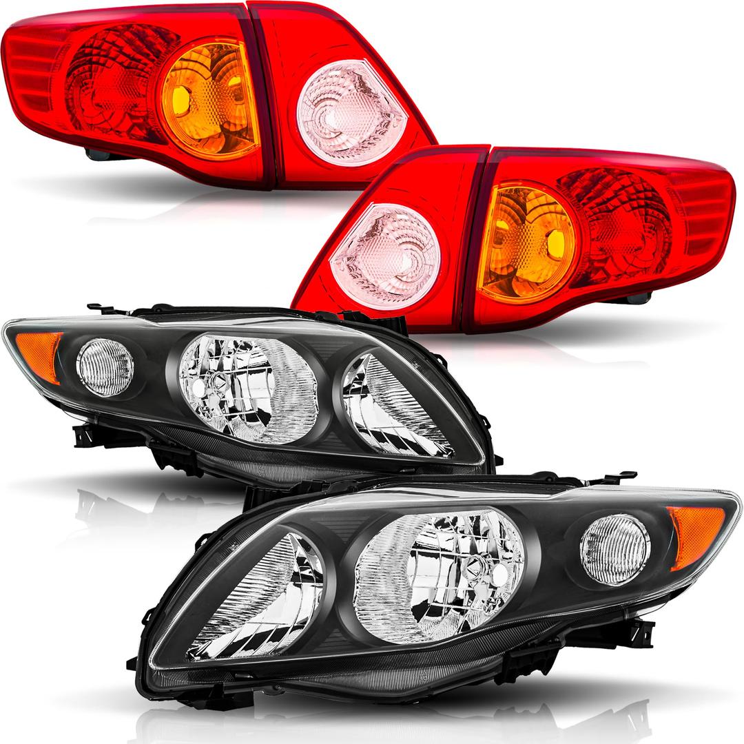 Headlights and Tail Lights Assembly Combo Kits for 2009 2010 Toyota Corolla Head/OE Factory Style Red Outer and Inner Taillights Rear Brake Signal Lamps Replacement,Black Housing Amber Reflector