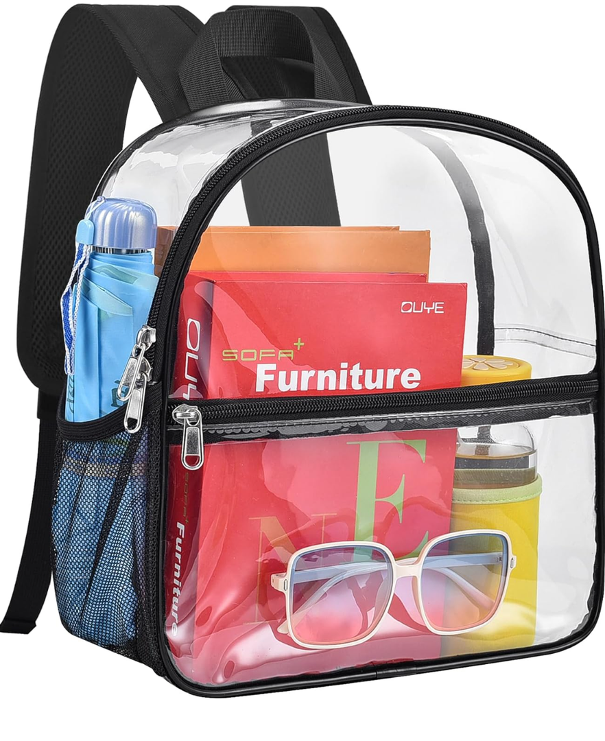 Paxiland Clear Backpack Stadium Approved 12×12×6 with Reinforced and Wider Shoulder Straps, Small Clear Bag for Schools, Concerts, Work, Festivals and Sporting Events - Black