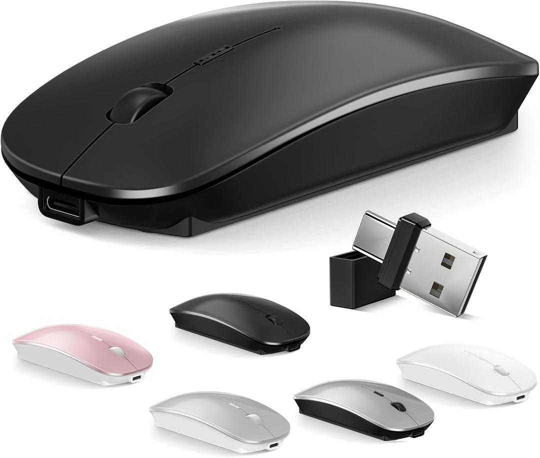 Normdecos Mouse for MacBook Wireless Bluetooth Mouse Laptop MacBook Air Mac Pro Rechargeable Silent PC iPad Optical Mice with Dual Mode Switch Bluetooth 5.2/3.0 and 2.4GHz USB Type-C Receiver Black