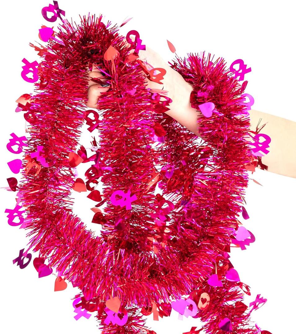 33FT Valentines Tinsel Garland, Red Pink Metallic Twist Foil Tinsel Garland with Heart Ornament Hanging Heart Garland for Valentines Wedding Birthday Party Indoor Outdoor Decoration