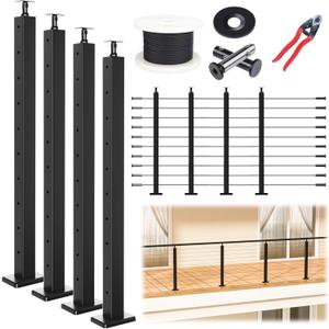 Muzata 15-20FT Modular Black Cable Railing Kit 36 Inch 4 Level Post Kit Complete Set Cable Railing System for Decks Length Adjustable Easy DIY with Paper User Guide (No Handrail) RWS1 BH4S