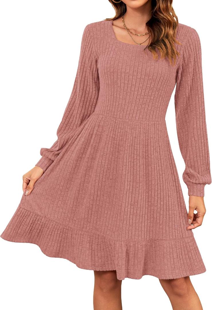 AUSELILY Womens Fall Dress 2025 Square Neck Long Sleeve Dresses Casual A Line Knit Sweater Dress with Pockets (Pink, L)
