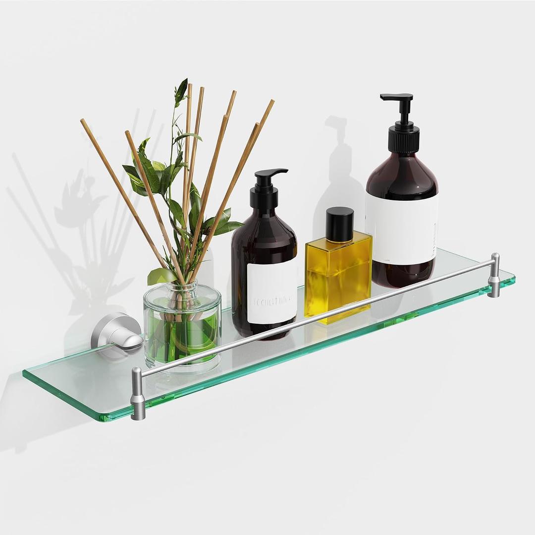 20 Inches Glass Shelves for Bathroom, Brushed Nickel Floating Glass Shelf Stainless Steel Tempered Glass Bathroom Shelves for Wall Mount Modern