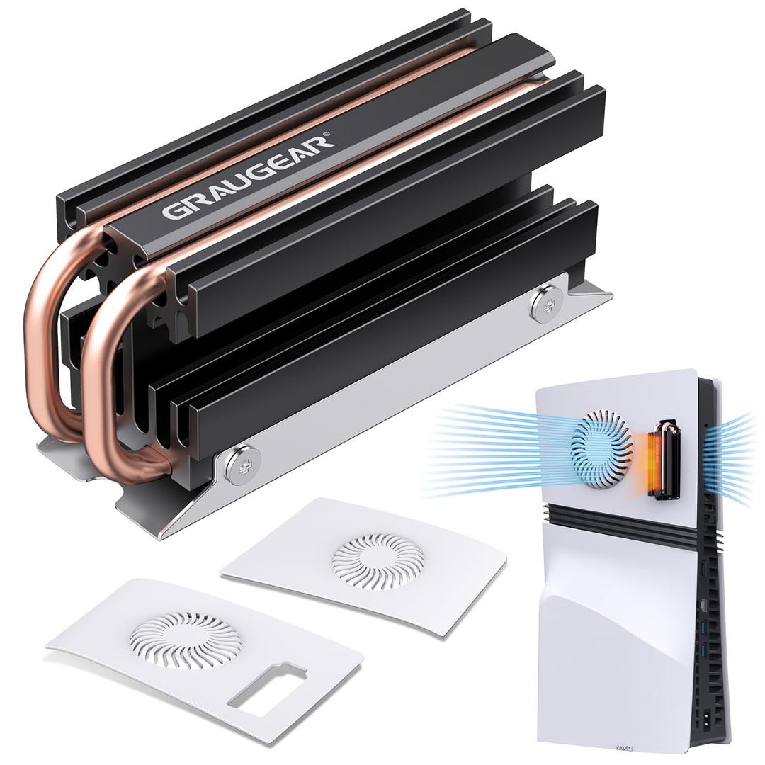 GRAUGEAR PS5 Pro M.2 SSD Cooling Pack, Ventilation PS5 Pro Cover and Open-Air M.2 SSD Heatsink, Heat Pipe Cooler for PS5 SSD, Pure Copper Heat Pipe, Cross Ventilation Design (PS5 Pro)