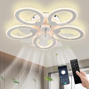 LED Ceiling Fan with Light Low Profile Ceiling Fan with Light White Flush Mount Fandelier 6 Speeds 3 Color Dimmable White Fan for Bedroom Kids Room Living Room