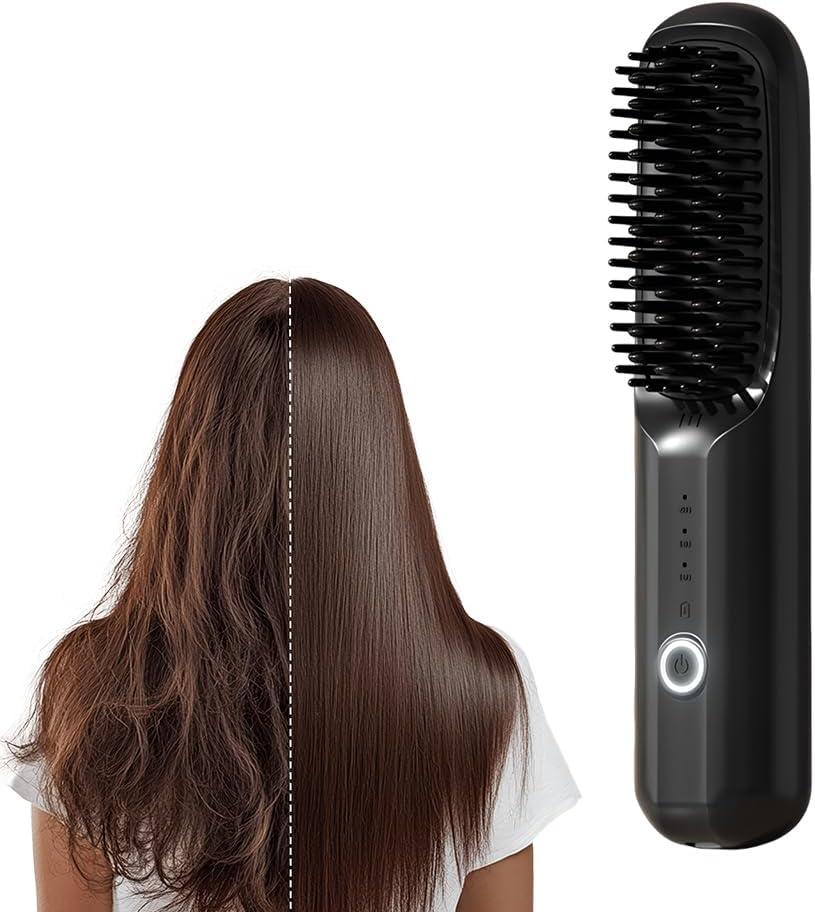Cordless Hair Straightener Brush, 2025 New Portable Hair Straightener, Fast Heating MCH Ceramic Brush for Smooth Frizz-Free Hair, USB Rechargeable for Short Long Hair Travel Vacation Home Use (Black)