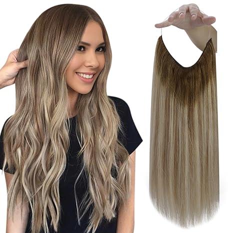 Fshine Invisible Wire Hair Extensions Real Human Hair 16 Inch 86 G Secret Wire Layered Hairpiece Olive Brown to Ash Brown and Blonde One Piece Clip in Hair Extensions for Women